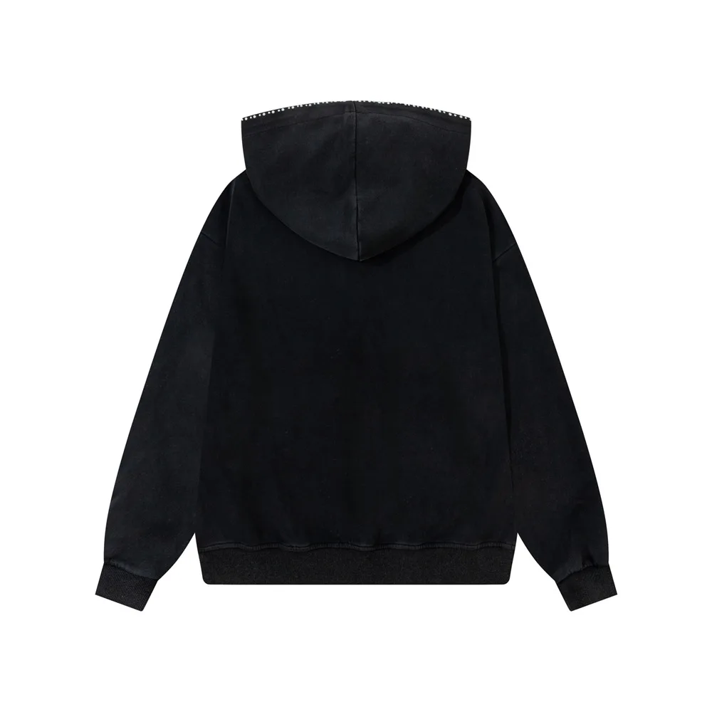 MWJLPWQ American Retro Washed Hooded Cardigan Sweatshirt For Men Spring Autumn Punk Street Style Rhinestones Double Tops 17587