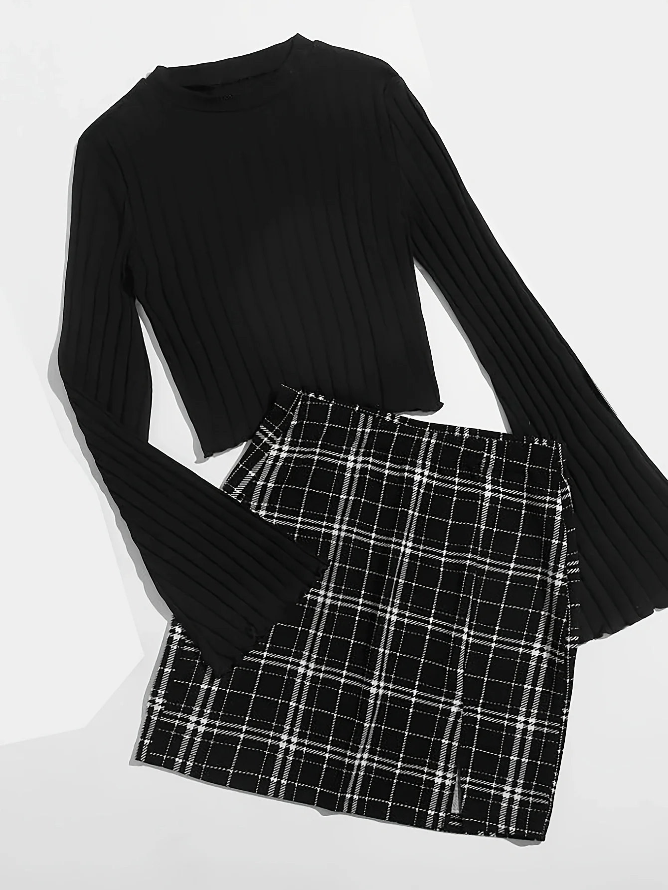 Casual Colorblock Two-piece Skirt Set Ribbed Crew Neck Long Sleeve Top & Plaid Skirts Women\'s Clothing