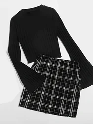 Casual Colorblock Two-piece Skirt Set Ribbed Crew Neck Long Sleeve Top & Plaid Skirts Women's Clothing