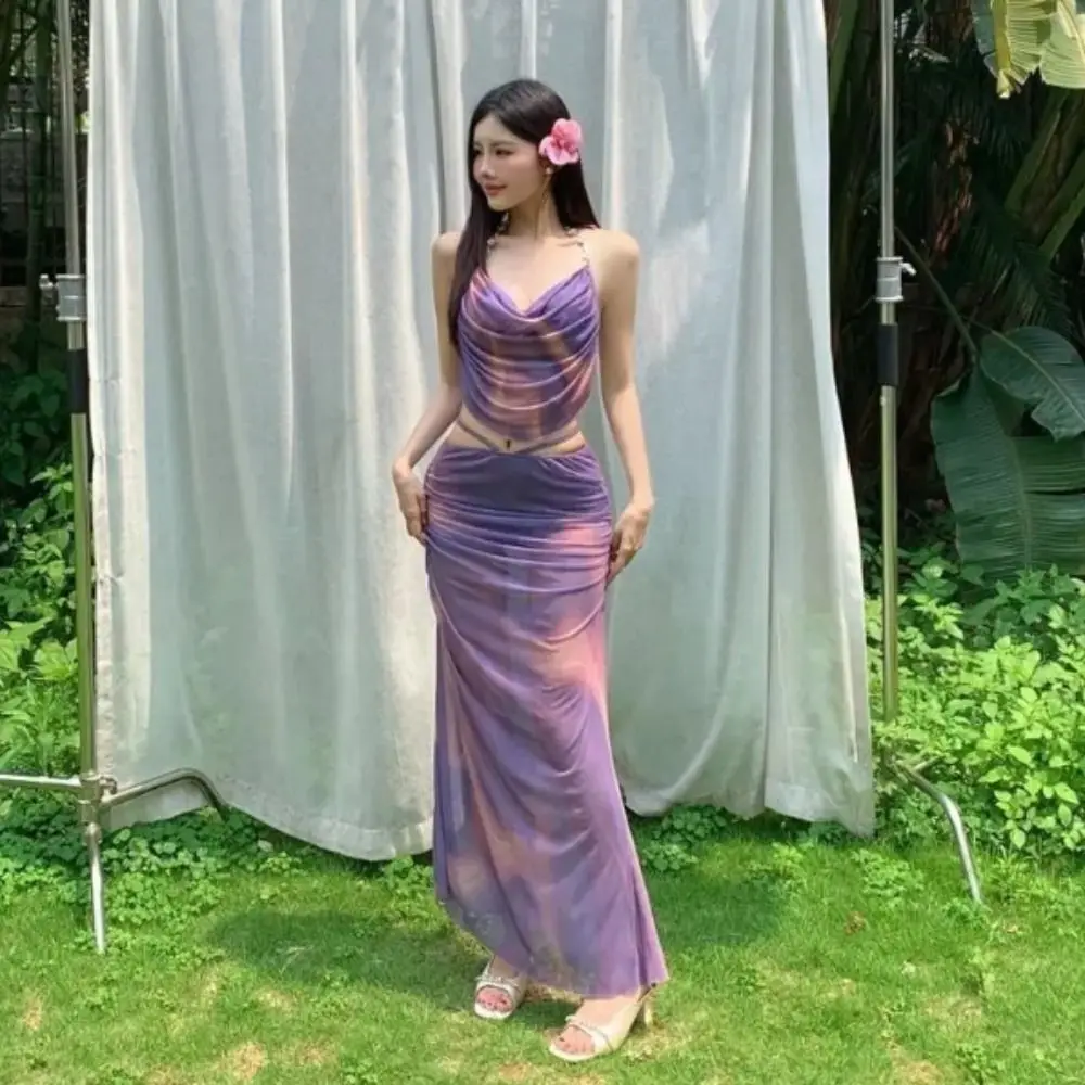 فستان طويل مثير بيكيني متجمع الصلب دعم الصدر الصغير ثلاث قطع مجموعة انقسام تنورة مغطاة اللحم عطلة الشاطئ ملابس السباحة #5