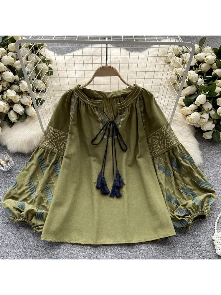 Women Sprin Autumn Blouse New Chinese Style Retro Loose Embroidered Lantern Sleeves Versatile Loose Long Sleeve Shirt Top D3554