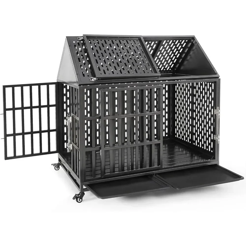 Heavy Duty Dog Crate with Self-Locking Latch for High Anxiety Dogs, 46 Inch Indestructible Large Kennel Indoor, Removable Trays