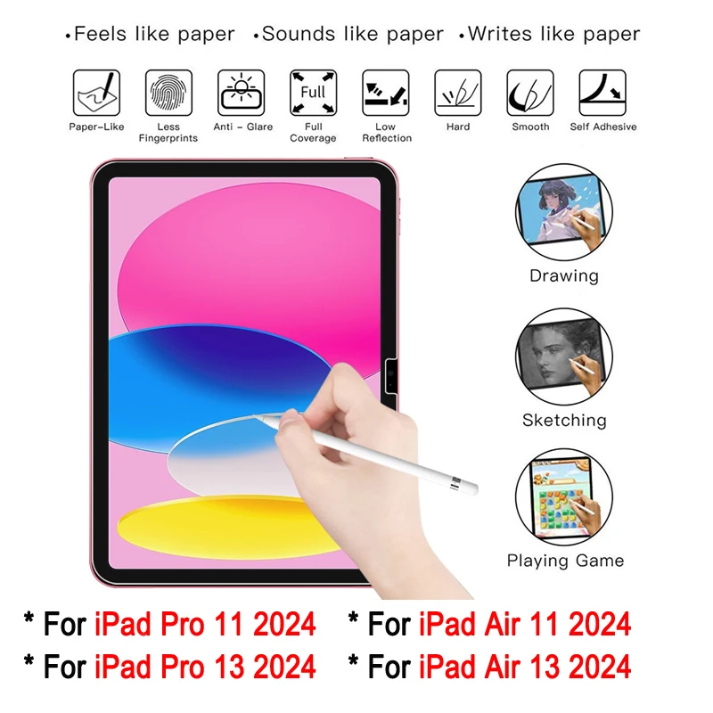 

2024 Матовая защитная пленка для экрана планшета из бумаги из ПЭТ для iPad Pro 11 дюймов 5th / iPad Pro 13 7th / iPad Air 11 2024 / Air 13 6th