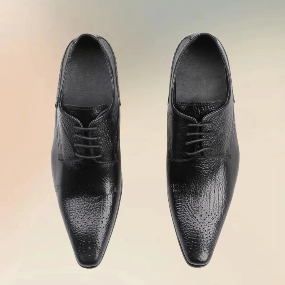 Black Leather Cross Tied Breathable Men Derby Shoes Fashion Lace Up Men Shoes Luxurious Handmade Party Banquet Men Dress Shoes