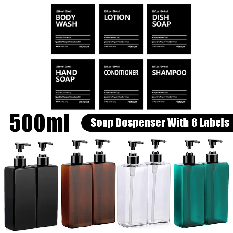 2PCS 500ml Refillable Square Soap Dispenser Bathroom Hand Pump Bottle Liquid Shampoo Body Wash Container with Waterproof Labels