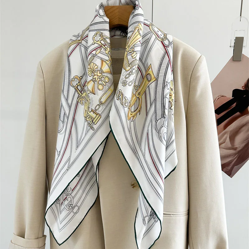 

100% Real SIlk Scarf Shawl Womens Fashion White Golden Printed Silk Shawl Poncho Square 35"x35"