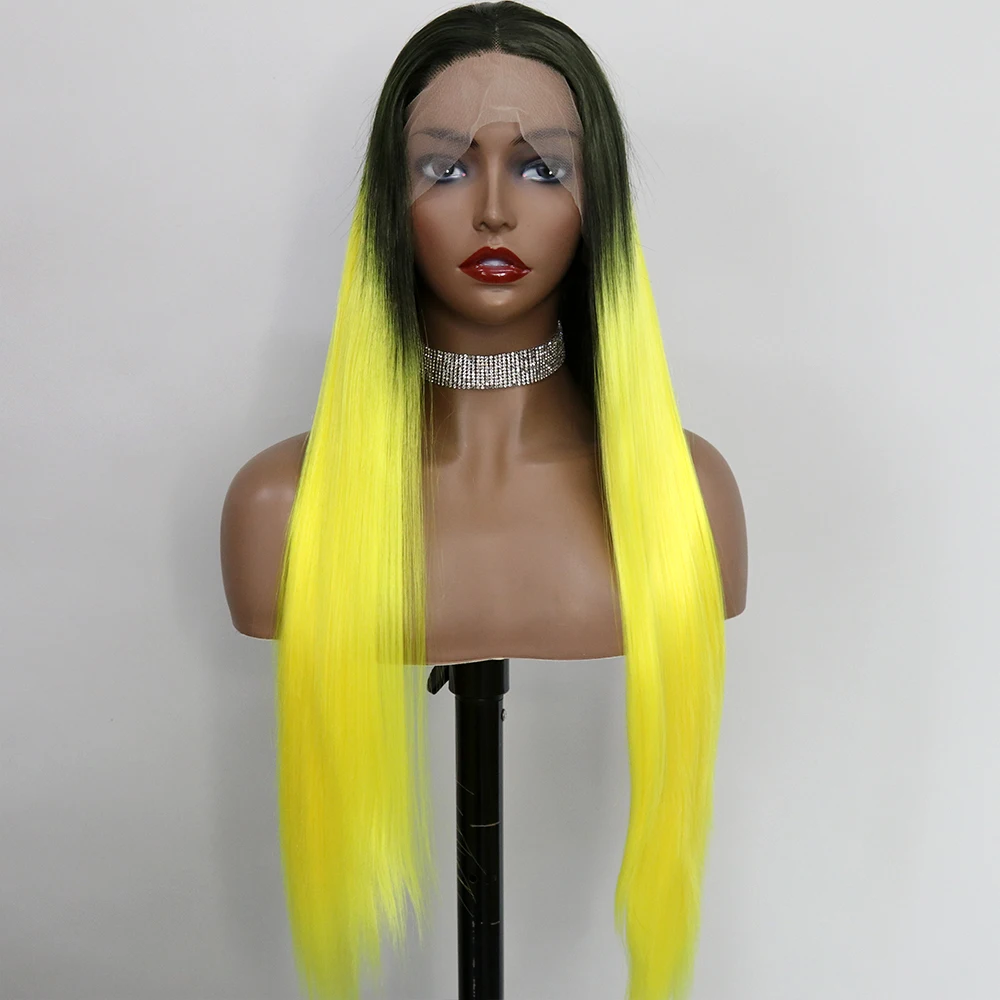 

30Inch Green Roots Yellow Synthetic 13x4 Lace Front Wig Straigt Drag Queen Glueless Heat Resistant Cosplay Wigs For Women 180%