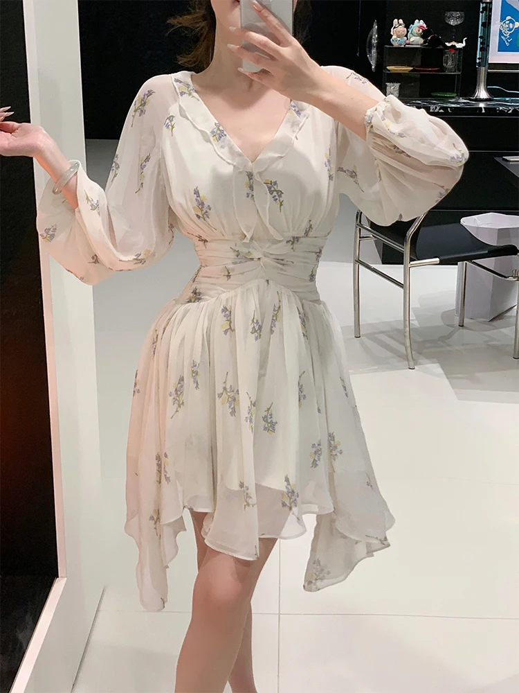 

Ранняя осень 2025 V-Ne Lantern Sve Белый шифон с цветочным принтом Dr A-Line ort Юбка с высокой талией и принтом Fairy A-Line D...