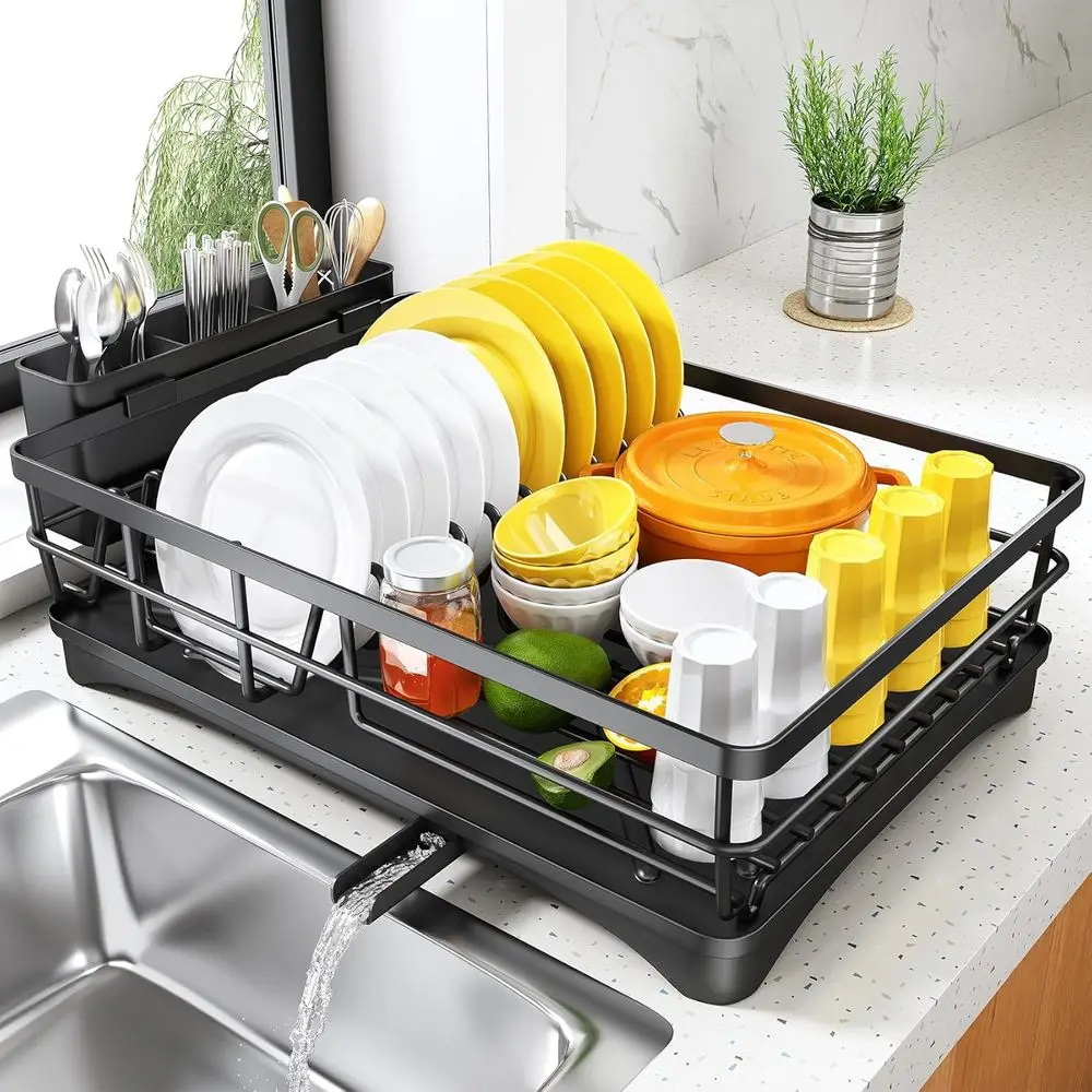 

Dish Drying Rack or Kitchen Counter - Large Dish Rack with Drainboard, Rustproo Dish Drainer with Utensil Holder or Sink, Black