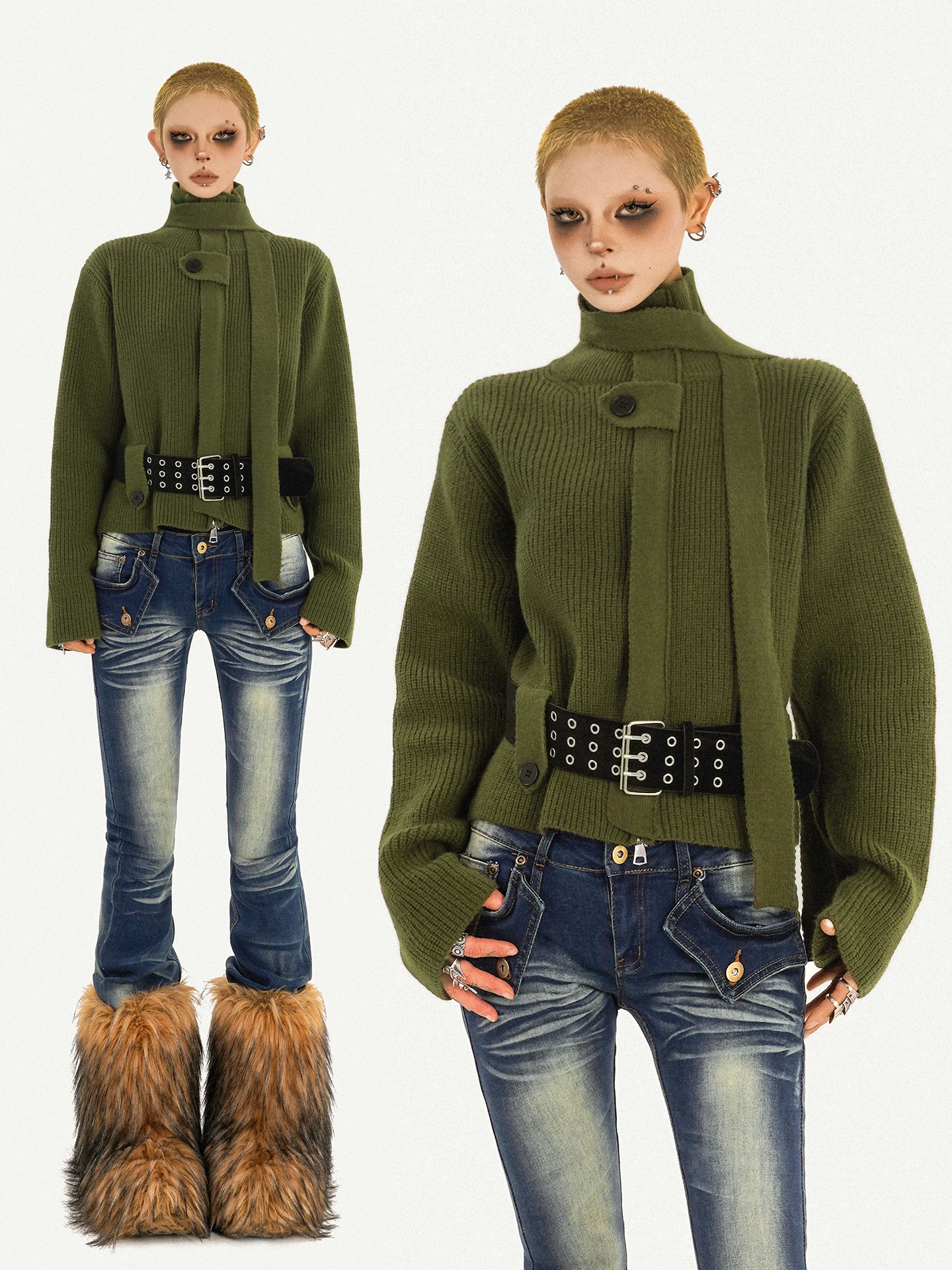 

Nico Molly 2025 Autumn Winter Women's Knitted Sweater Slim Fit High Collar Waist-Cinching Double-Breasted Open Cardigan