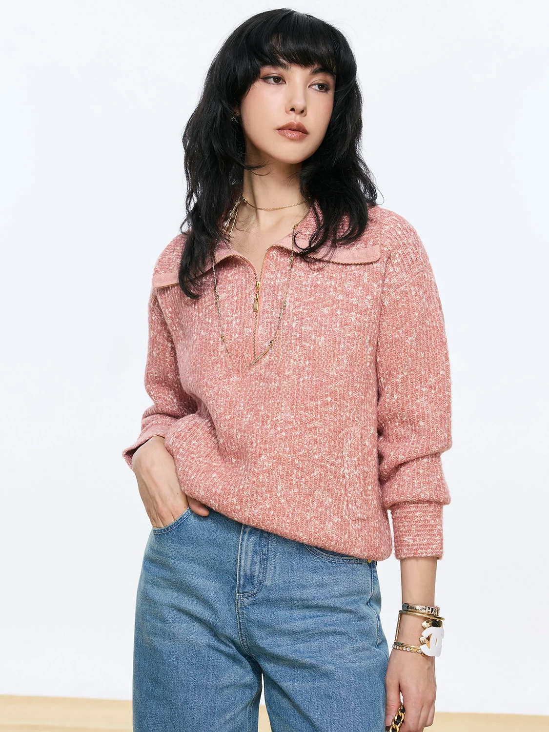 

Blanini Double Color Bouquet Knitted Sweater Pearl Embellied Collar Top Women's Casual Sle Regular Fit Online Exclusive