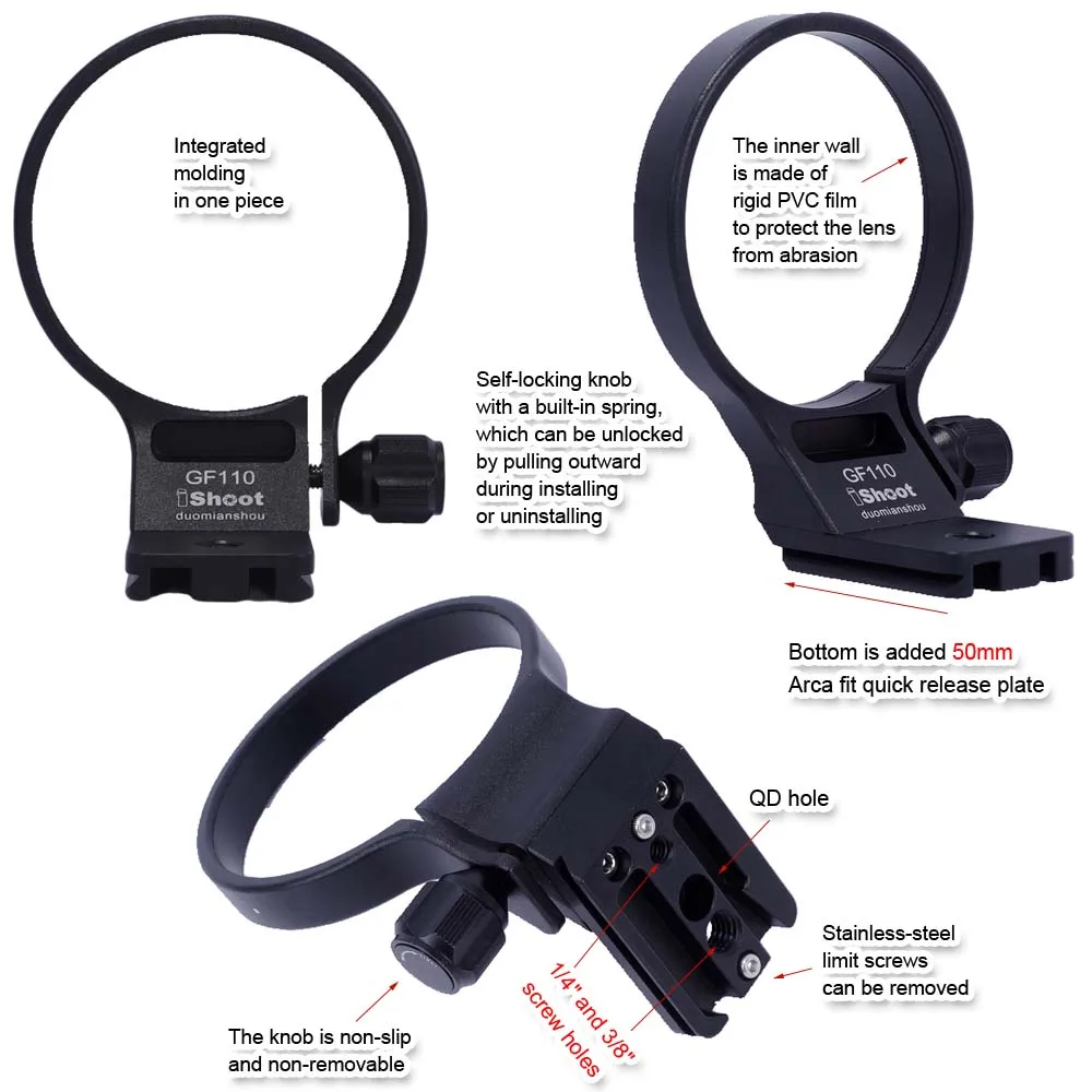 iShoot Lens Collar Bracket Tripod Mount Ring Support for Fujifilm Fuji GF 110mm F2 R LM WR, with Arca-Swiss Quick Release Plate