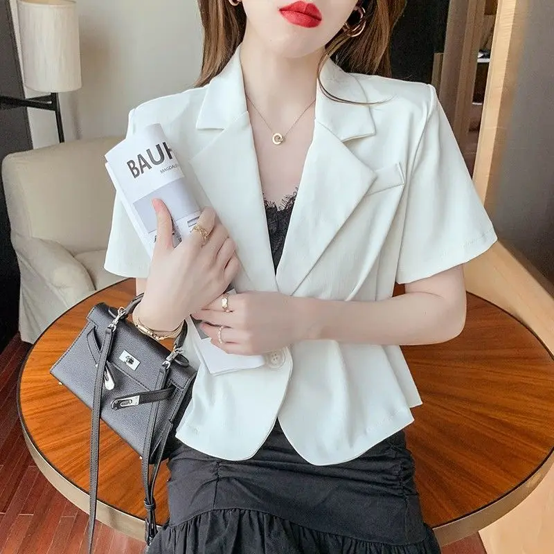 Summer Office Lady Solid Color Blazers Stylish Single Button Women\'s Clothing Short Sleeve Casual Spliced Lapel Loose Suits 2023