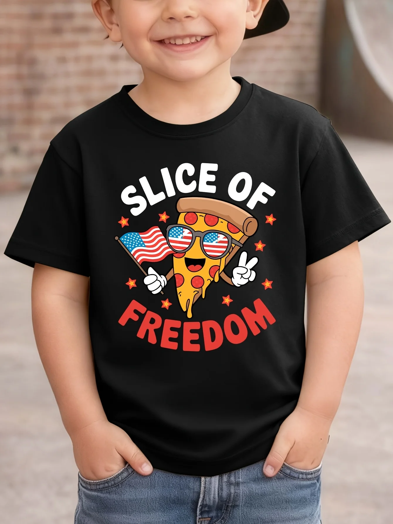 Pizza American Flag Freedom Print Kids Tee Boy Girl Family Matching Short Sleeve Soft Breathable Parent Child Daily Comfort Tops
