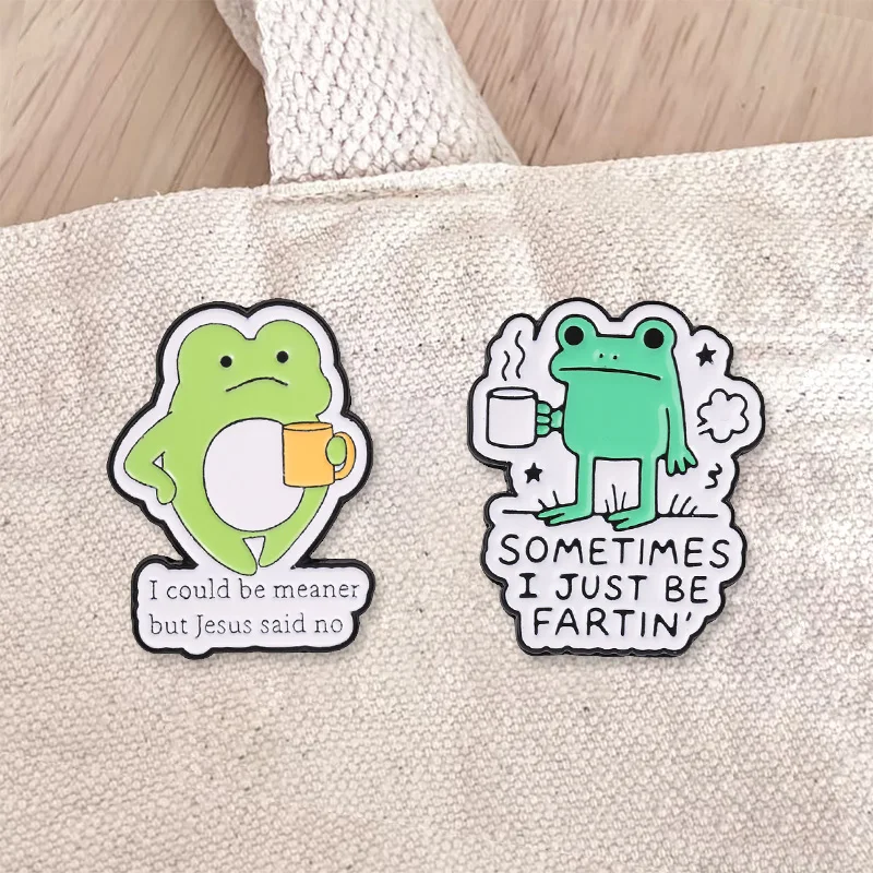 Funny Green Frog Coffee Mug Enamel Badges Set Jesus Fartin Meme Quote Pins Humorous Cartoon Metal Brooches For Friends