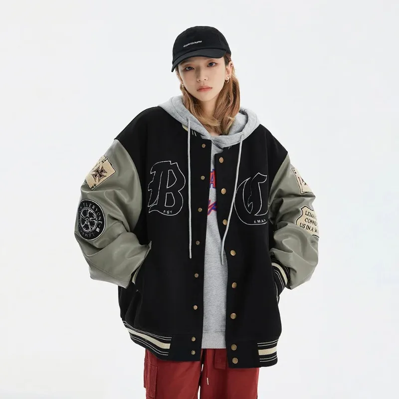 Autumn High Street Bomber Jacket Men Women Poker Skull Embroidery Baseball Jacket Retro Y2K Patchwork Loose Coat Outwear Couple