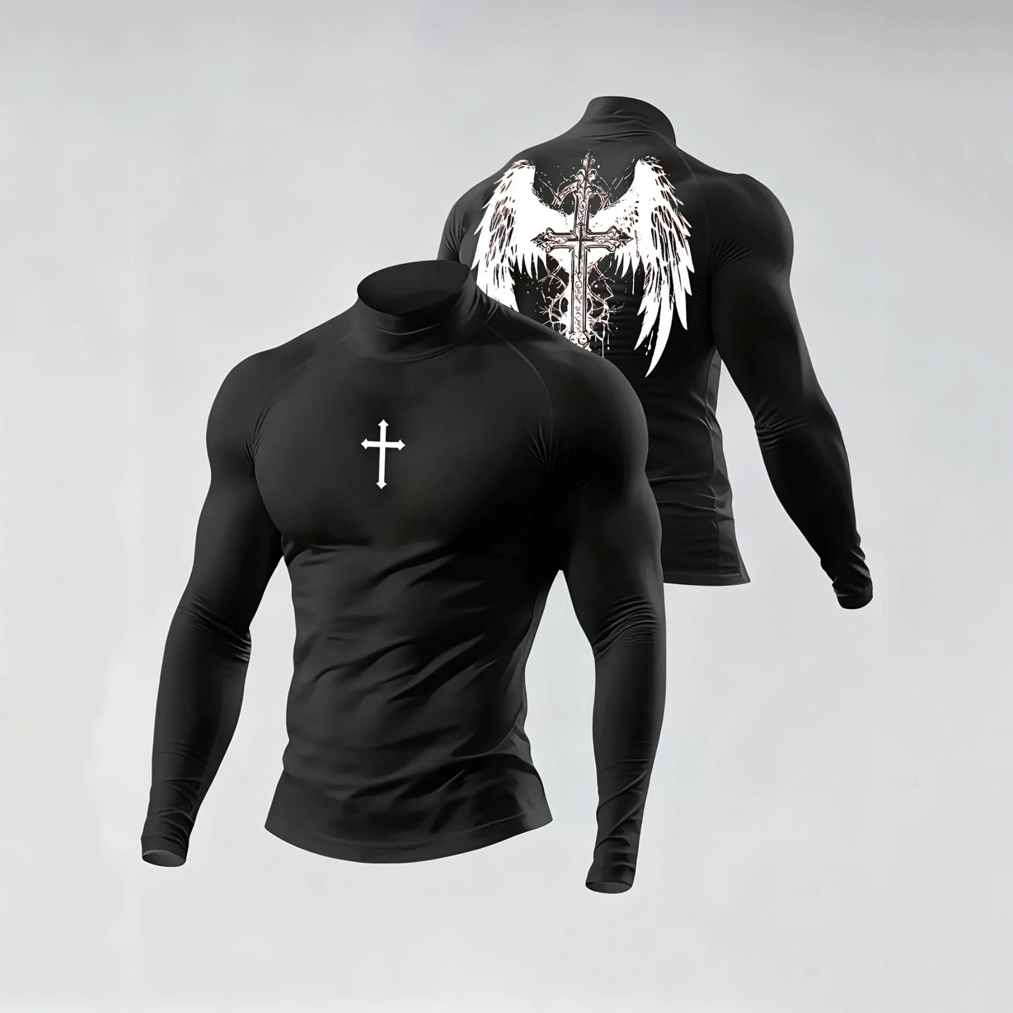 Herren Rollkragen Slim Fit Langarmshirt mit Frontkreuz- und Rückenflügelkreuz-Motiv, Figurbetontes Basic-T-Shirt – Detail 3
