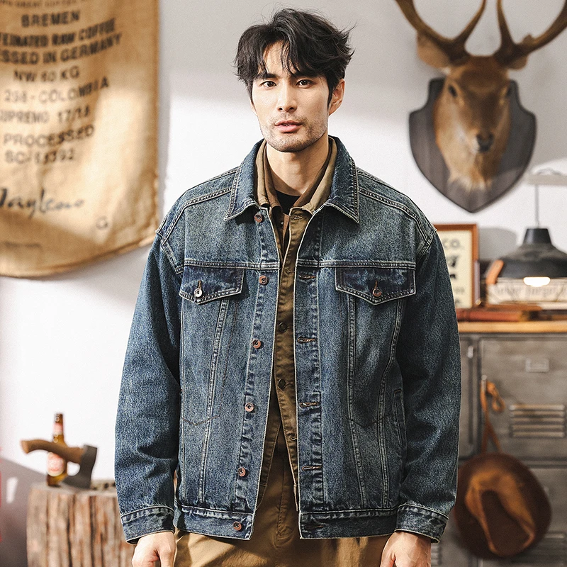 

Classic retro washed denim jacket, men's spring and autumn trendy brand distressed loose workwear jacket