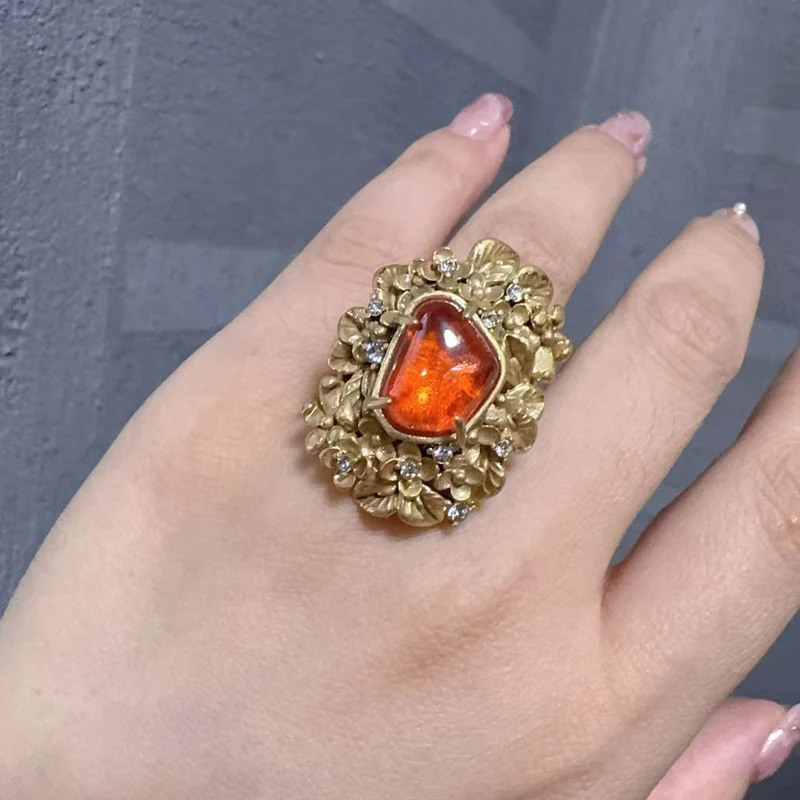 Vintage Rings Red Glazed Flower Petals For Woman Rhinestone Gold Color Branches Leaves Luxury Quality Jewelry Designer 2025 New