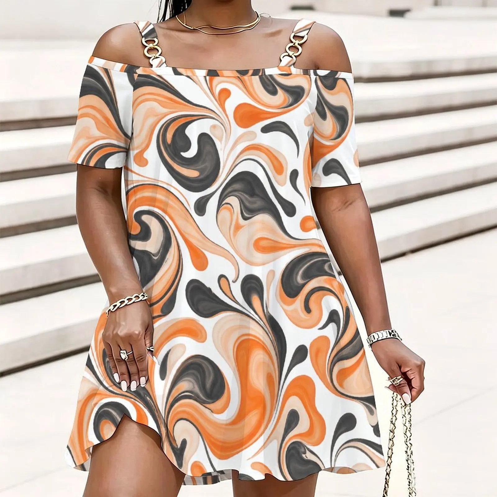 Women Abstract Marble Swirl Printed Cold Shoulder Chain Strap Short Sleeve Loose Longline Top