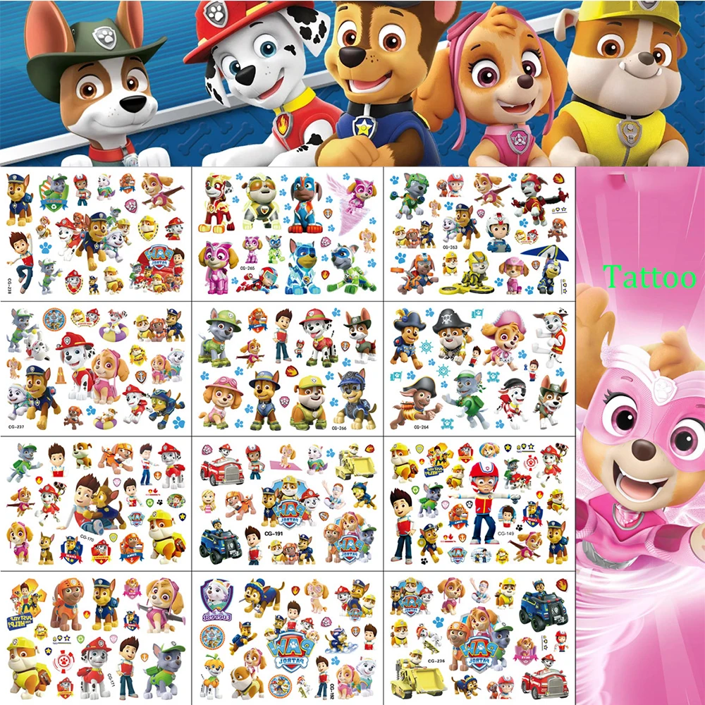 Cute Paw Patrol Toys Tattoo Stickers Anime Pet Dog Model Doll Chase Marshall Rocky Cartoon Children Fake Temporary Tattoos Gifts