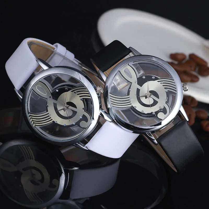 Fashion Hollow Music Shape Watch Round Dial Exquisite White Black Leather Casual Women Simple Wristwatch Relojes Drop Shipping