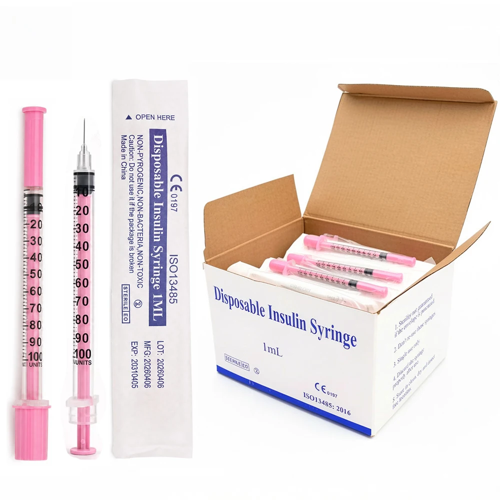 100Pcs/Box 1ml Pink Insulin Syringes 30G/31G 8mm Disposable Syringe EO Gas Sterilized Individually Blister Packed