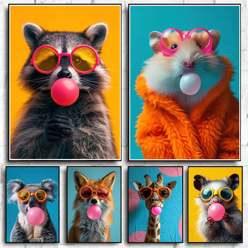Póster de pintura en lienzo de chicle de animales coloridos, animales bonitos, póster de dibujos animados, impresiones, imagen, arte de pared, decoración para habitación de bebé y guardería