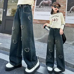 Wide Leg Jeans for Girls Spring Autumn Loose Vintage Straight Retro Pants Fashion Teenage Kids Trousers 6 8 9 10 11 12 14 Years