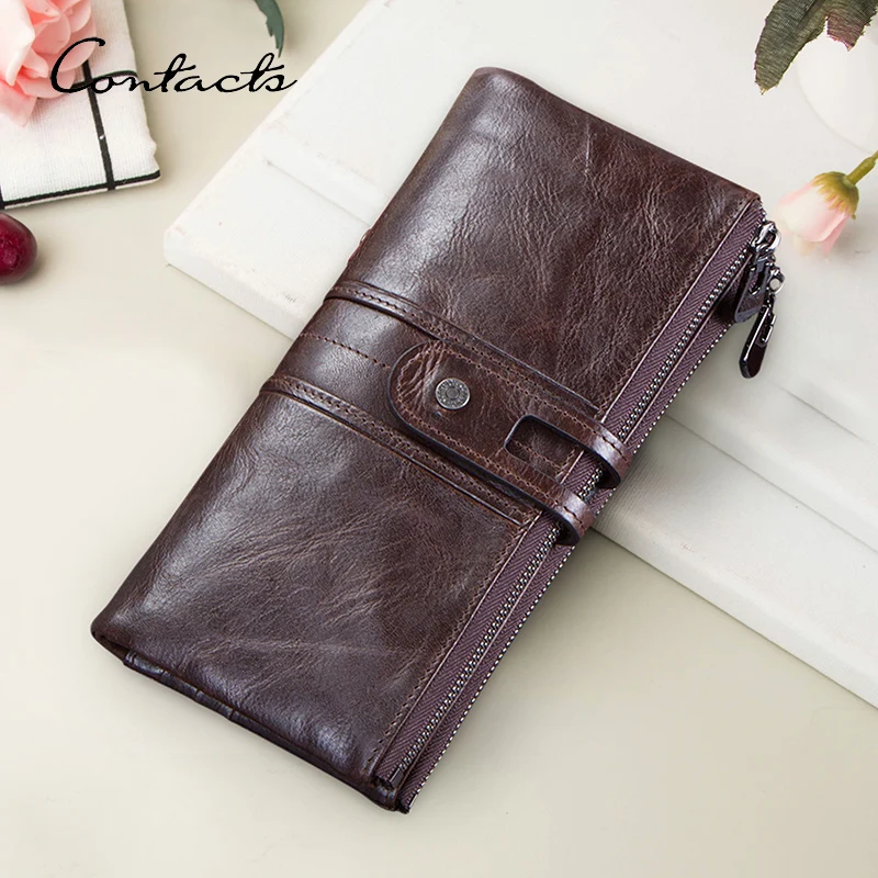 CONTACT'S-billeteras de cuero genuino para hombre y mujer, Cartera de mano plegable, larga, informal, tarjetero, monedero, Clip de dinero