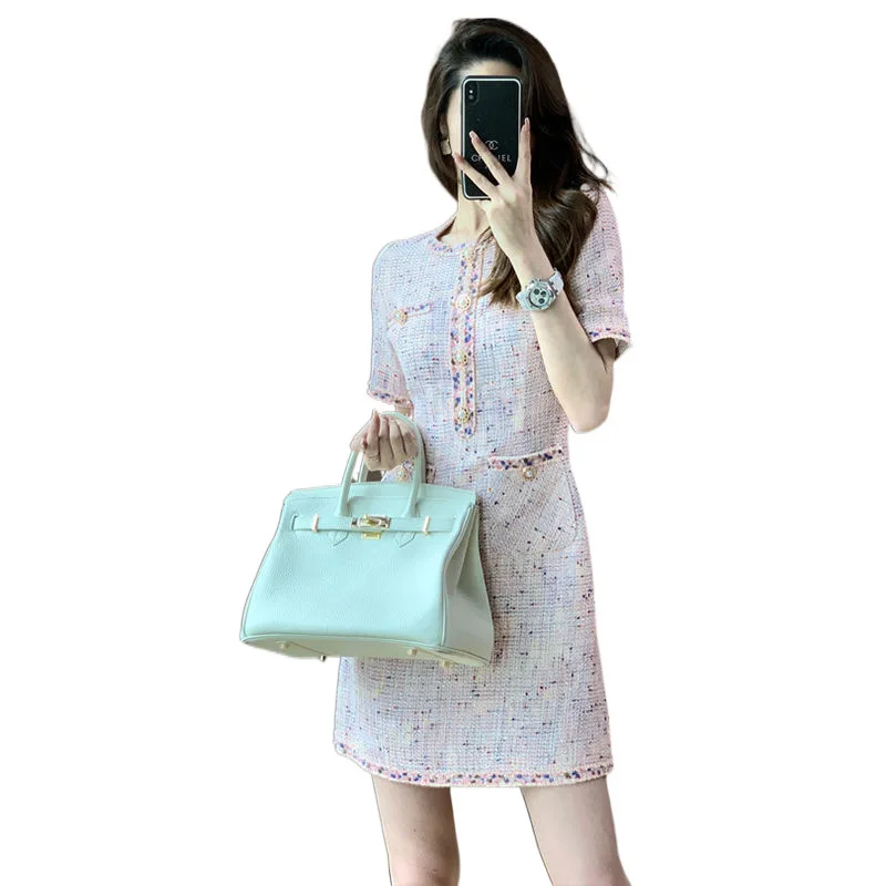 

Short sleeved tweed women's dress 2025 new style small fragrance temperament socialite dress