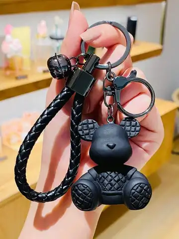 Black Bear Keychain With Braided Rope For Bag Car Wallet Decoration Gift