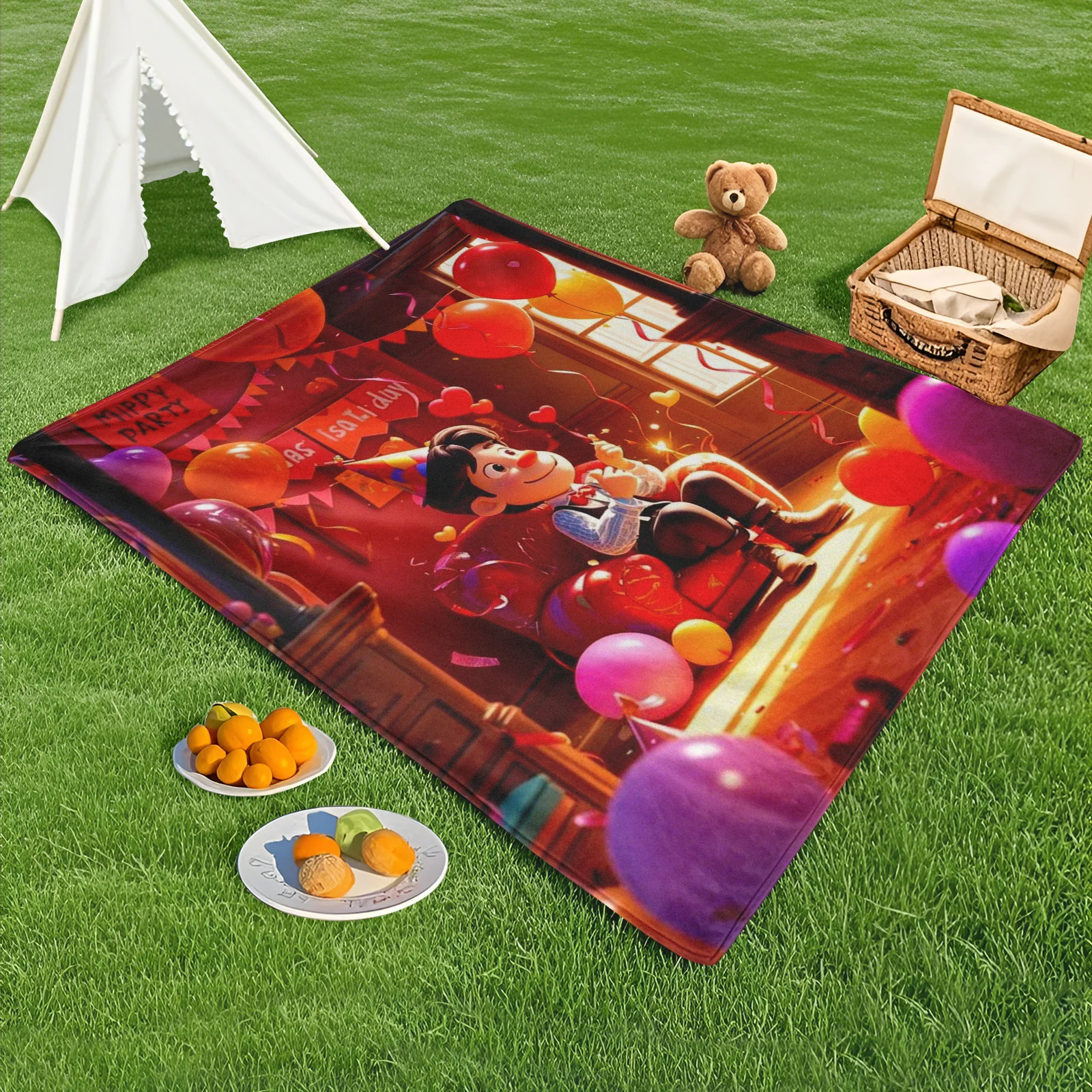 Cartoon Character Red Party Theme Outdoor Blanket For Camping Picnic And Nature Adventures With