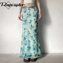 Rapcopter Floral Vintage Long Skirts y2k Low Waist Bow Trim Doblue Layers Low Waist Bohemian Midi Skirts Beach Holiday Outfits