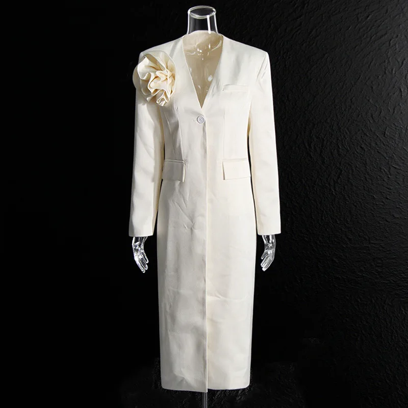 ZAMOR HIGH STREET Women French Elegant V Neck Design Trench Coat 2026 New 3D Flower Patch Long Sleeve Long Outerwear