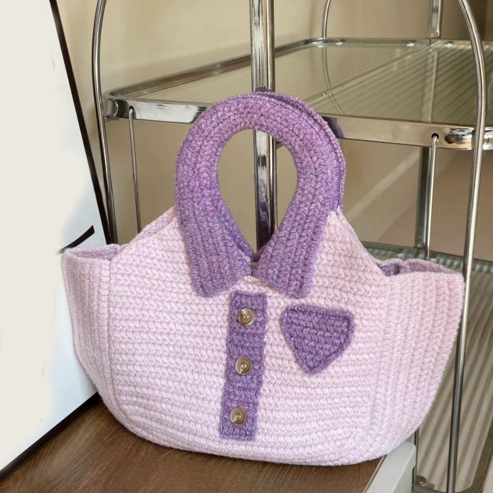 

Casual Multicolor Shirt Knitted Handbag Hand Woven Soft Woolen Weave Bag Cute Large Capacity Knitted Wrist Bag Commuting