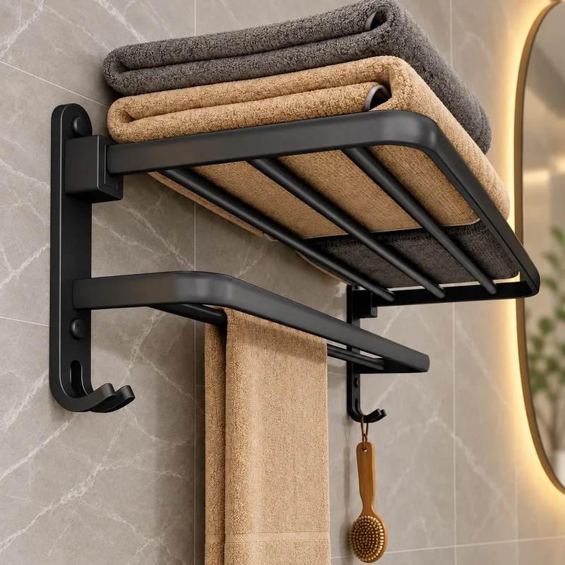 50cm Foldable Aluminum Towel Rack with Hooks, Matte Black Wall-Mounted Bathroom Holder
