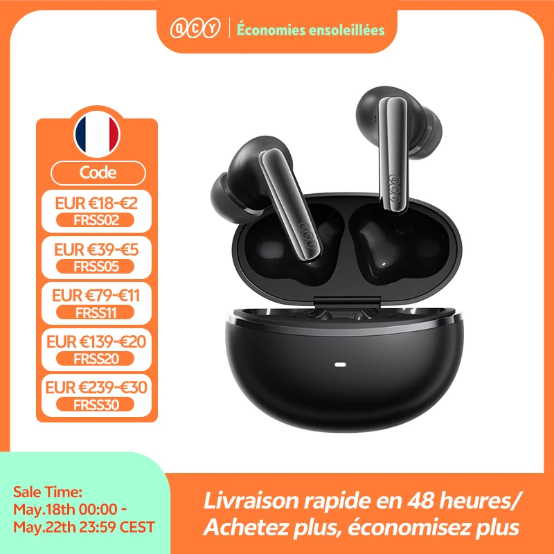 QCY MeloBuds N70 Écouteurs sans fil ANC Bluetooth 6.0, réduction de bruit adaptative, LDAC, audio haute résolution, 6 micros, ENC, 50 h d'autonomie, charge sans fil, détection intra-auriculaire