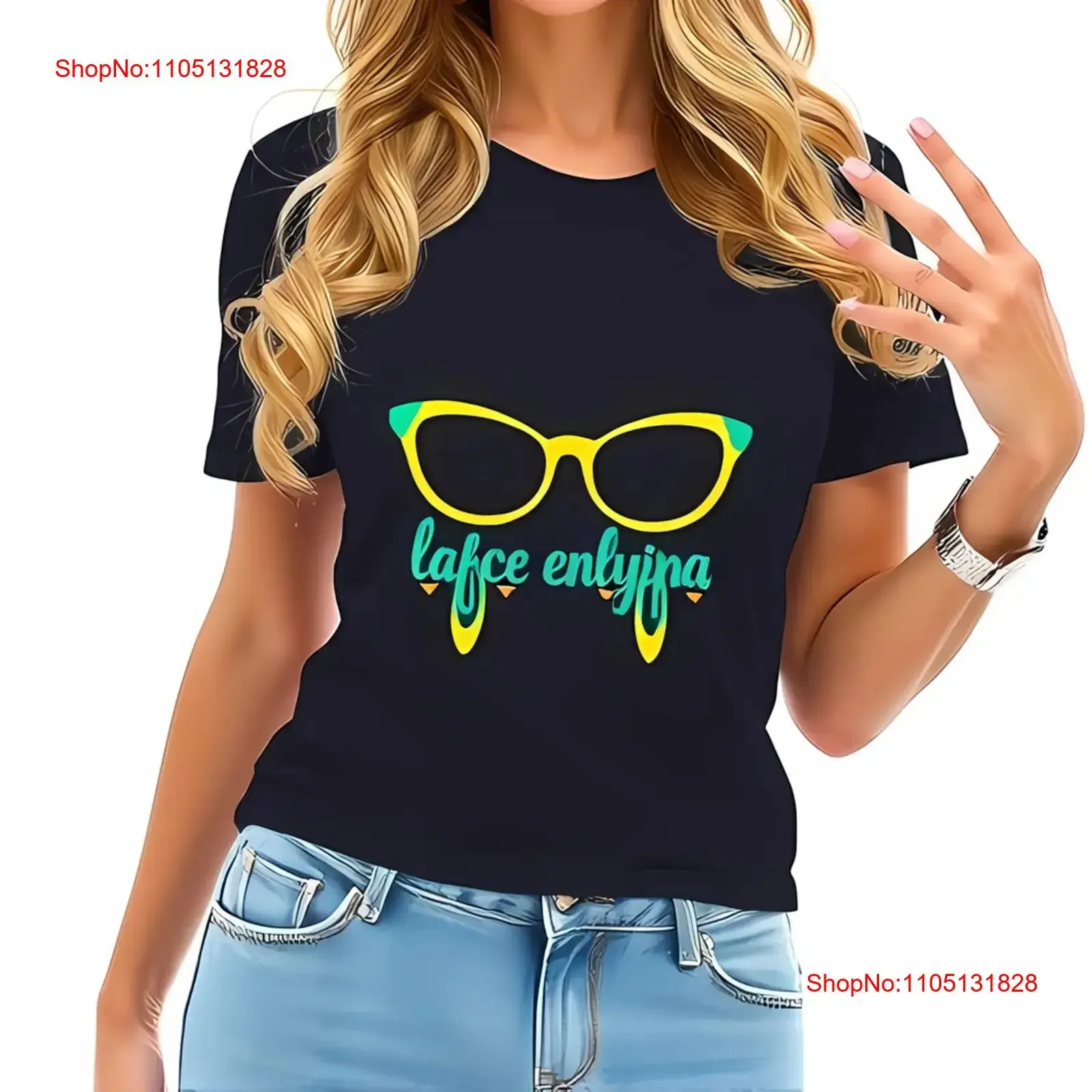 Stylish Dark Navy Blue Cotton T Shirt with Bold Yellow Cat Glasses All vintage Washed Comfortable Unisex designer clothes