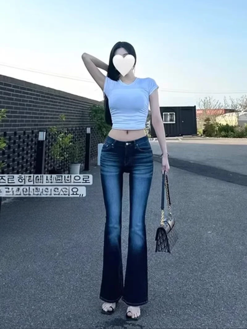 

Low Waist Bell Bot Jeans Women's Slim Fit Long Pants Deep Blue Faionable Spring Autumn Wear High Waist Cotton Stretch Denim