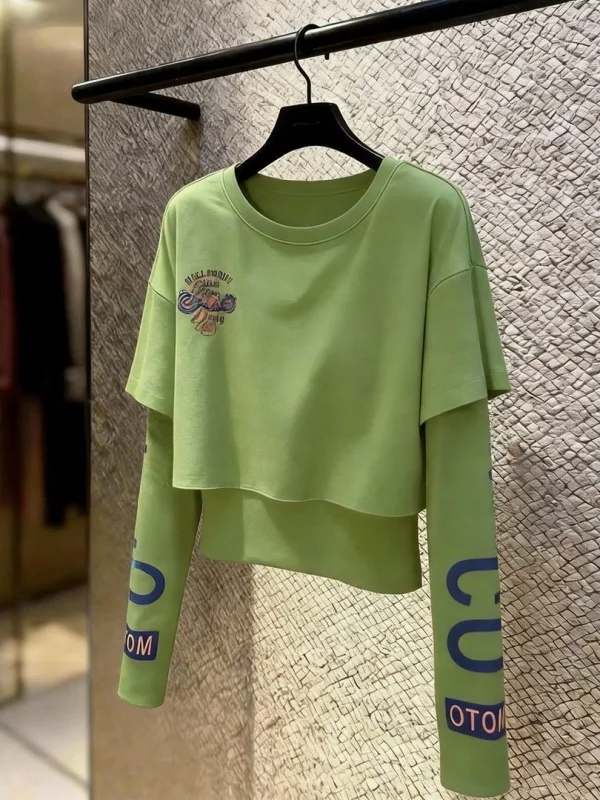 

Модный зеленый топ с принтом и длинным рукавом, весна 2026, приталенный, повседневный, свободного кроя, с круглым вырезом, комплект из двух предметов