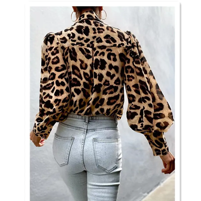 New Casual Loose Chiffon Long Sleeve Floral Leopard Print Shirt for Women Tops Clothes