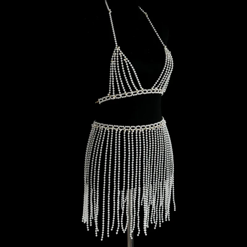 Body Jewelry Simulated Pearl Sexy Bra Skirt Chain Bikini Chest Chain Makeup Dance Lumbar Chain Dress Skirt Chain портупея