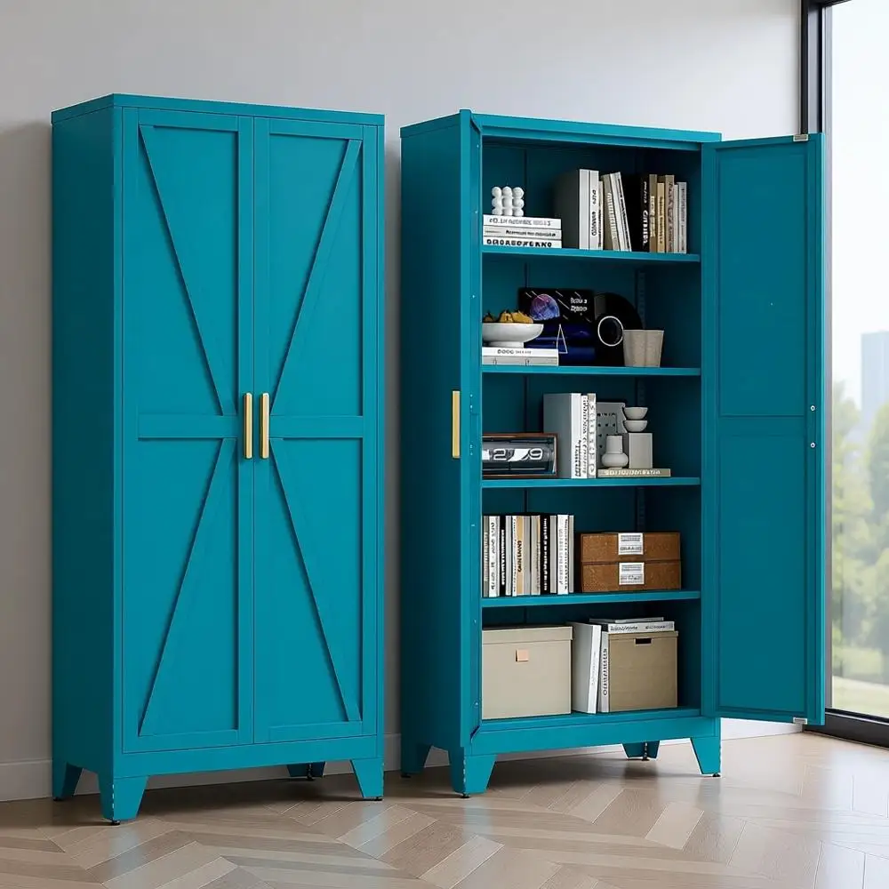 

Металлический шкаф для хранения 71 с дверцами-распашонками, 4 регулируемыми полками, для кухни или домашнего офиса, цвет павлиний синий