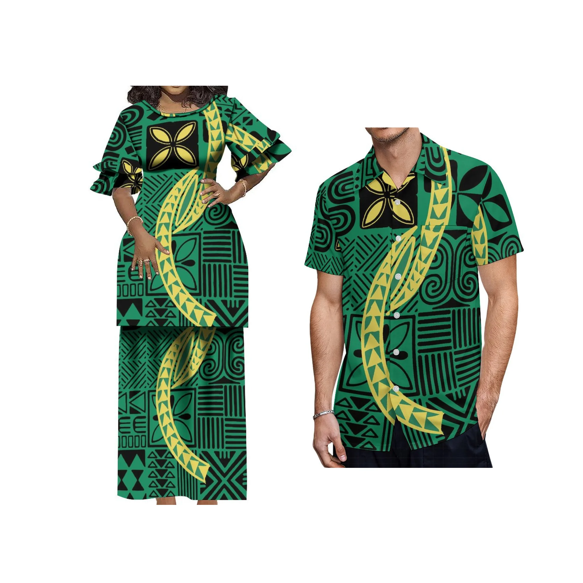 New Design Custom Logo Ruffle Sleeve polynesia Puletasi Casual Dress Womens 2 Piece Set Evening Dress