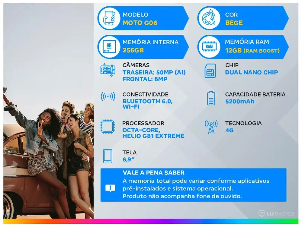 الهاتف الذكي موتورولا موتو G06 256 جيجا بايت 4 جيجا بايت رام بيج 6,9 بوصة كاميرا. 50 ميجابكسل + سيلفي 8 ميجابكسل