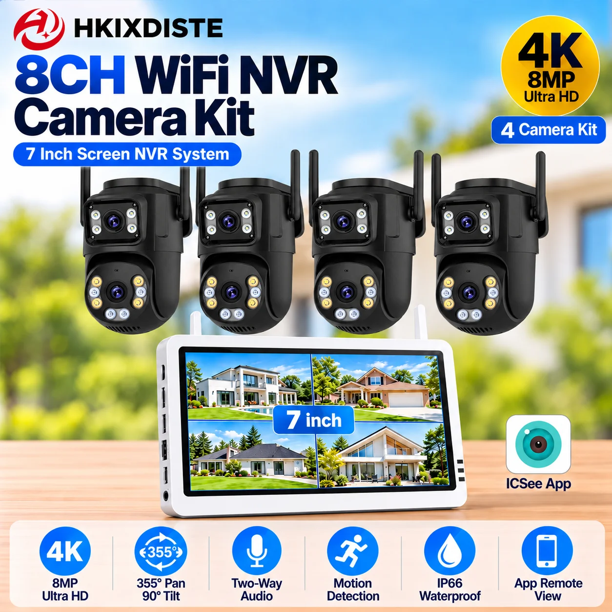 8CH WiFi NVR Kit with 7 Inch Monitor 4 Dual Lens 8MP PTZ Security Cameras IP66 Two Way Audio Motion Detection ICSee App for Home