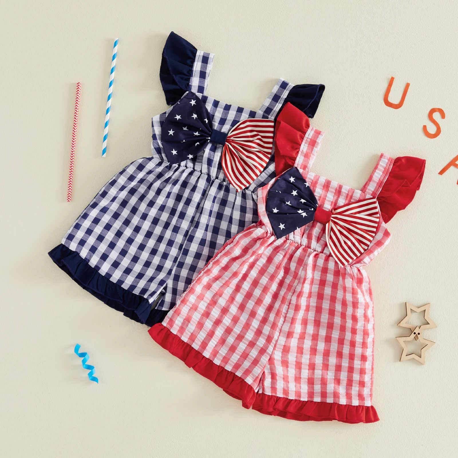 Toddler Baby Girls Plaid Jumpsuit Fashionable 4th of July Bow Decor Flying Sleeve Overalls Shorts
