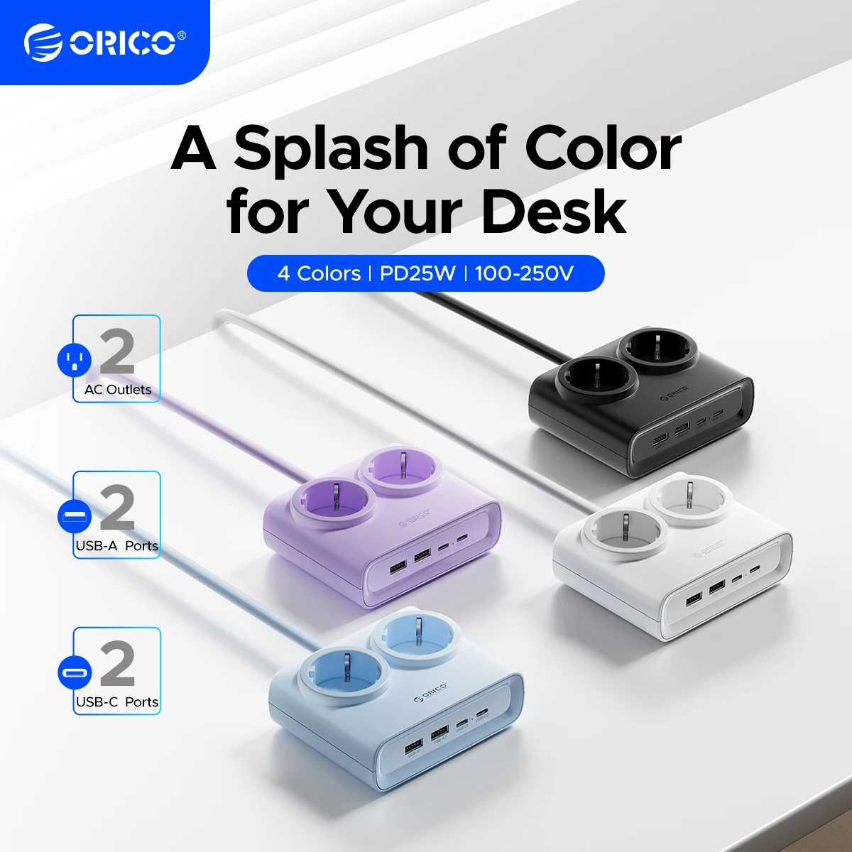 ORICO PD25W Desktop Power Strip with 2 Type-C Port 2 AC Outlets 2 USB-A Ports Charging Station for Phones And Electronics