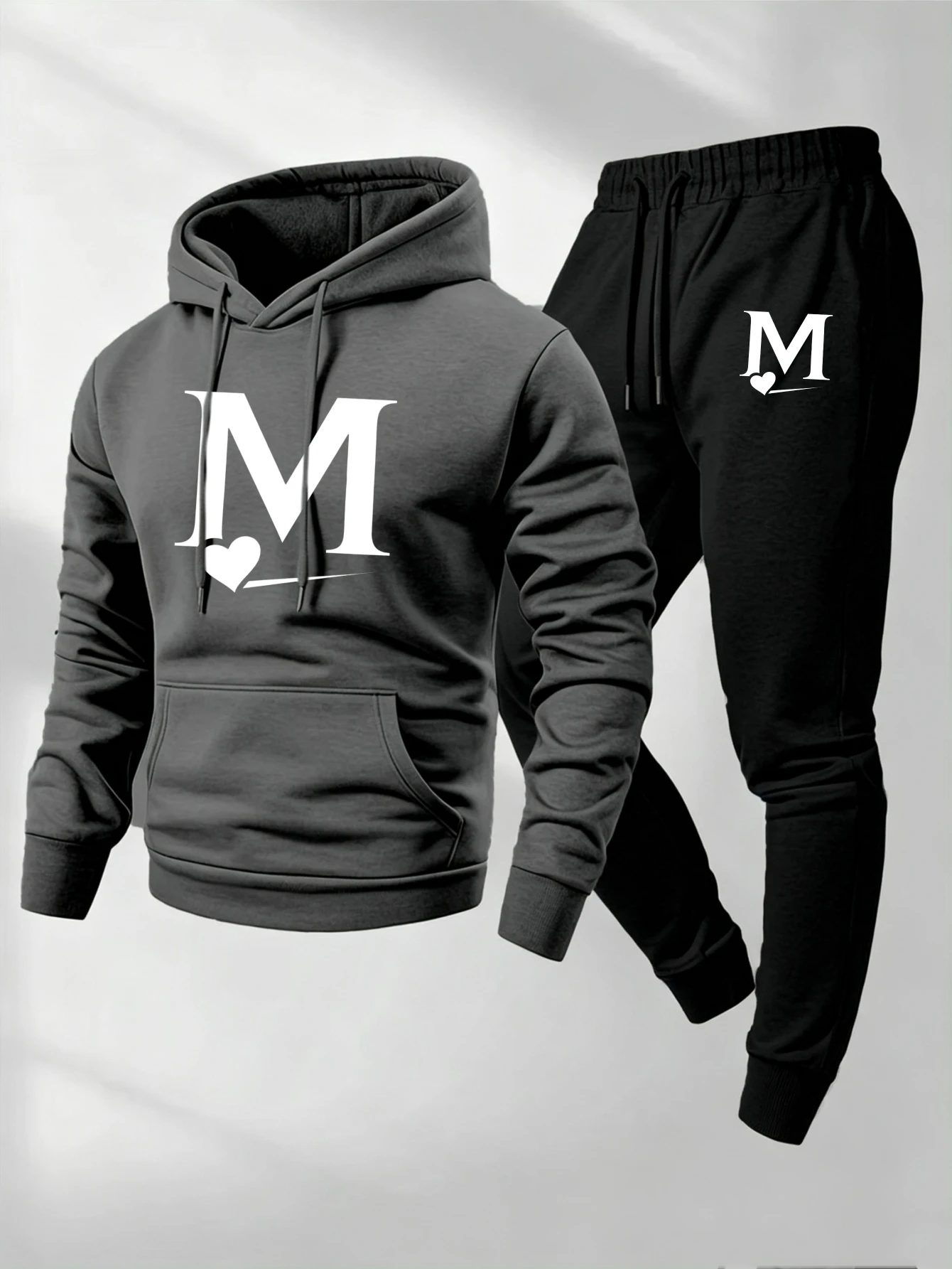Men Women Unisex Streetwear 2Pcs Outfit Bold Letter‑Heart Graphic Print Hooded Sweatshirt Jogger Pants Soft Casual Tracksuit